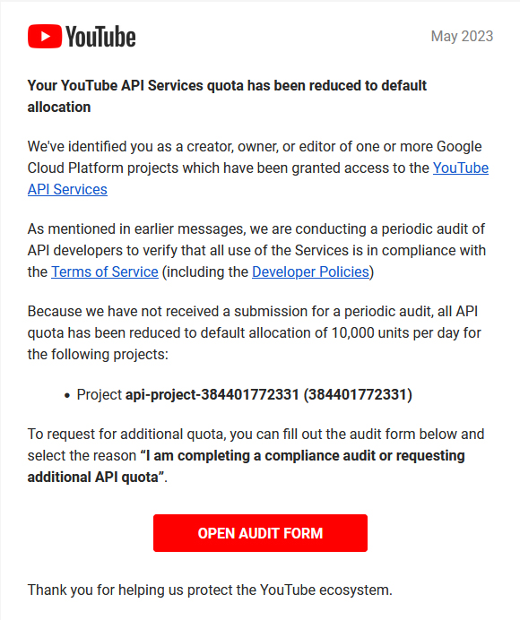 YouTube API Services Quota