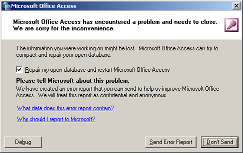 Microsoft Office Access has encountered a problem and needs to close.